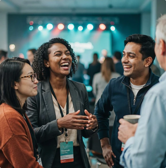 Event attendees laughing together during a networking break