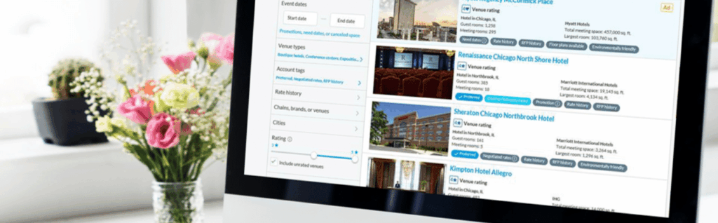 Computer screen listing different hotels