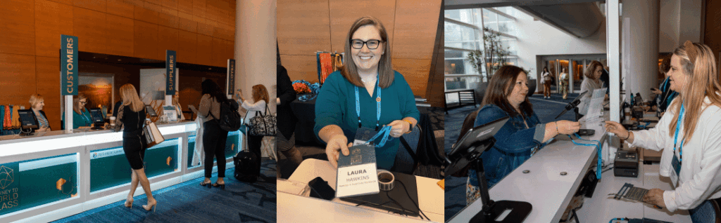 Left: Attendees arrive at the 2023 M&IW Summit registration desk. Center: First-person perspective of an M&IW employee handing an attendee their name badge. Right: Side view of an M&IW employee handing an attendee their name badge.