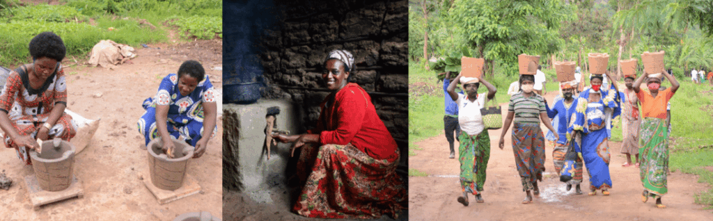 Photos of Rwandans making and carrying fuel-efficient cookstoves