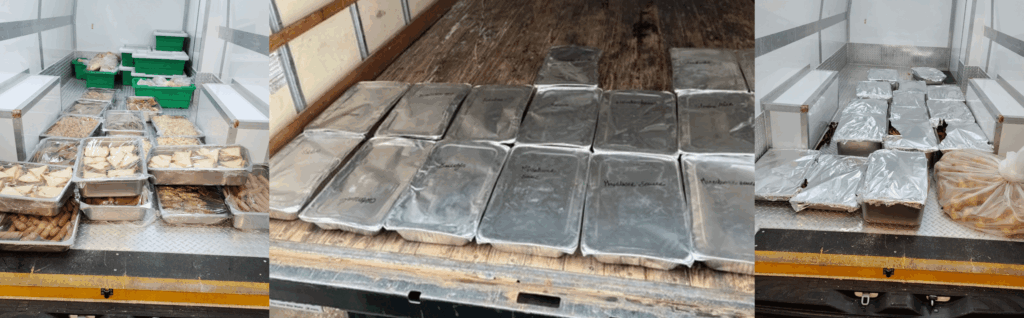 Photos of hotel food donations in a truck to be transported to the food shelter