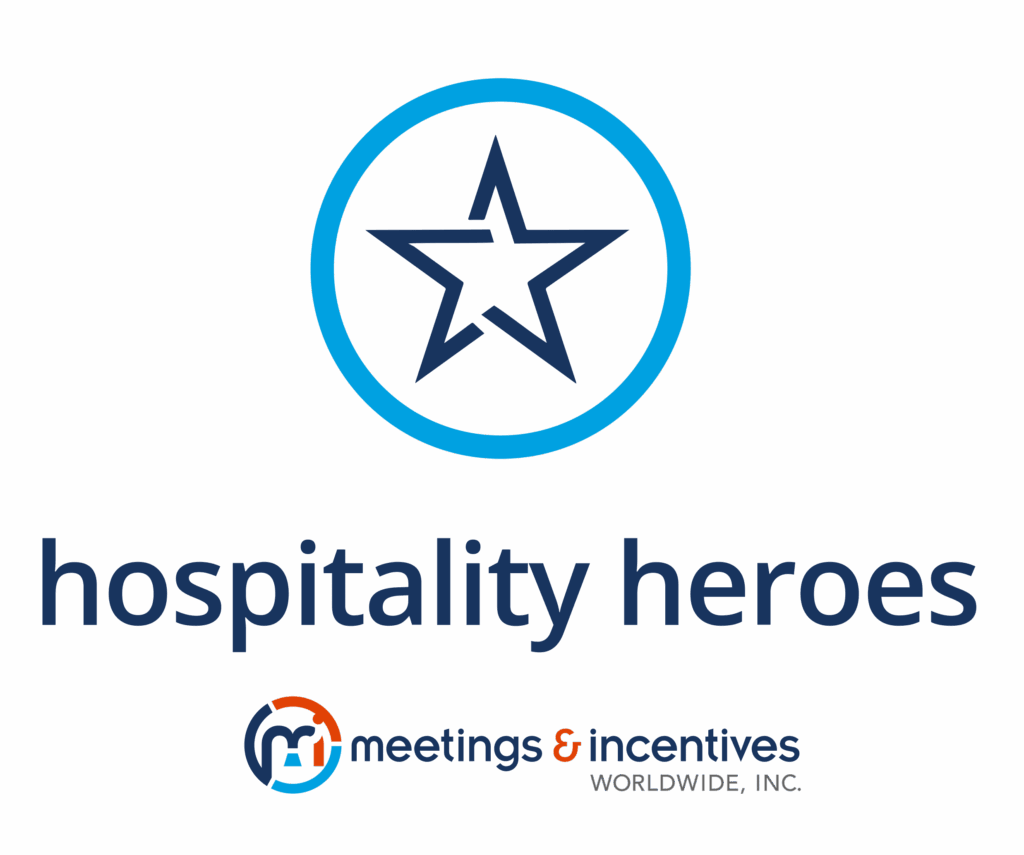 A dark blue star with a light blue circle around it and the words "hospitality heroes" and the M&IW logo below