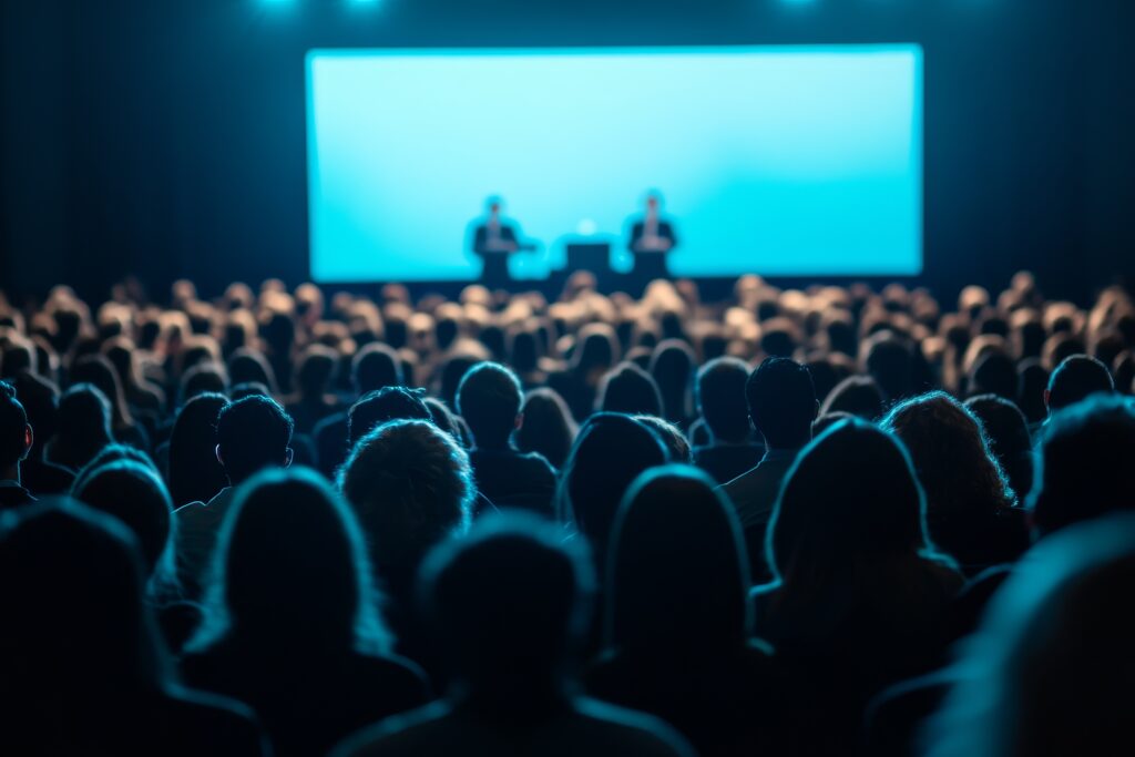 Audience watching a presentation on a large screen at a large event