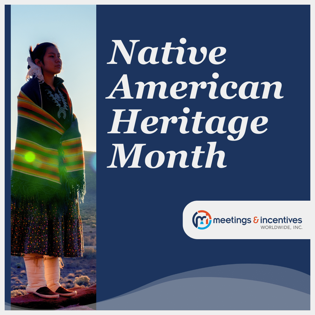 Native American Heritage Month graphic with a woman in traditional dress and text