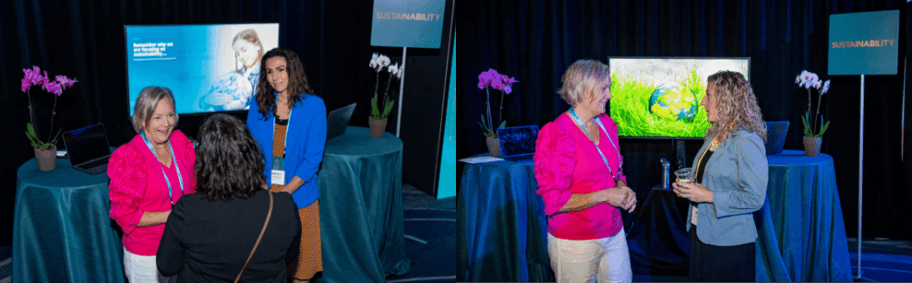 Donna Collins and Marley Finnegan talk to attendees at the Sustainability table at the 2023 M&IW Summit