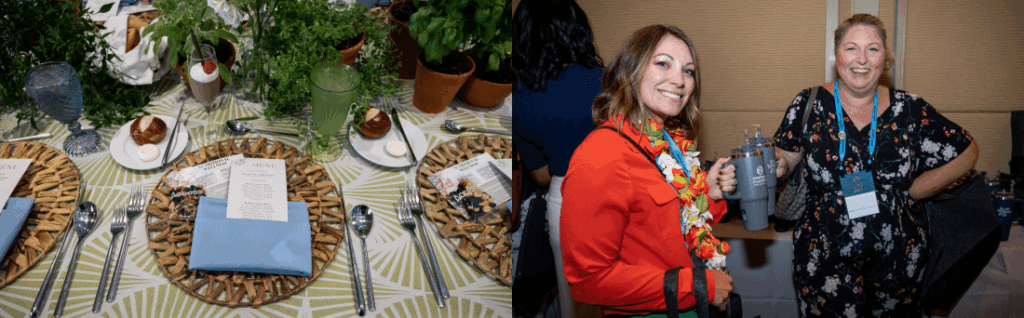 Left: A place setting at the Customer Wellness Lunch. Right: M&IW employees "cheers" their reusable water bottles.