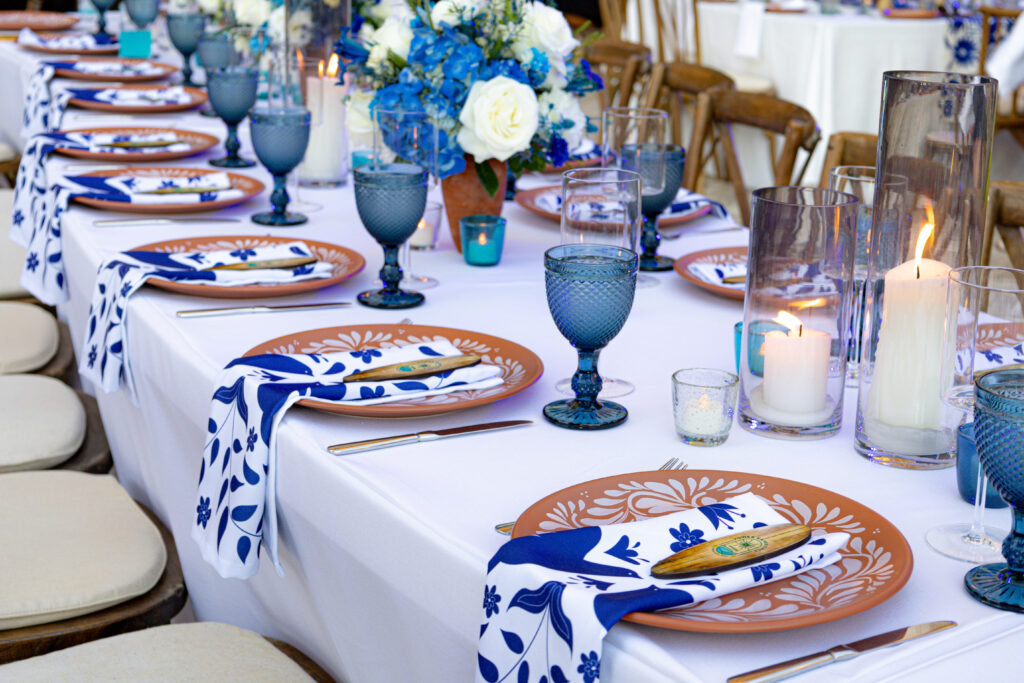 Event gala place setting with reusable napkins and tableware
