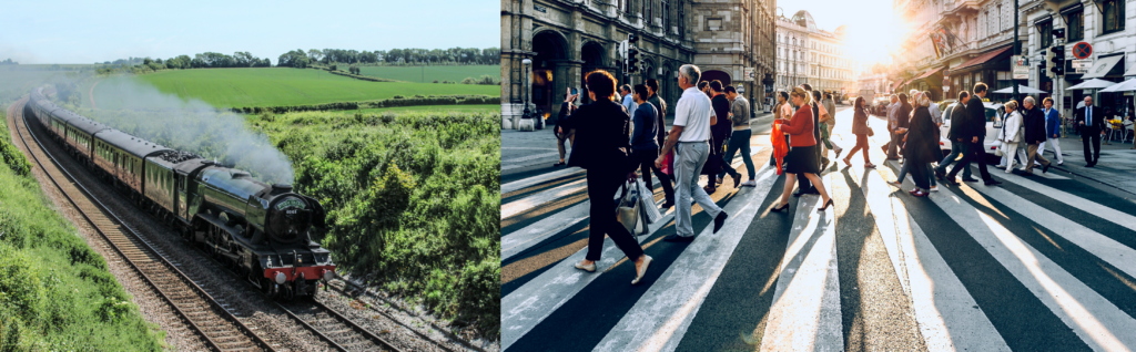 Train, people walking