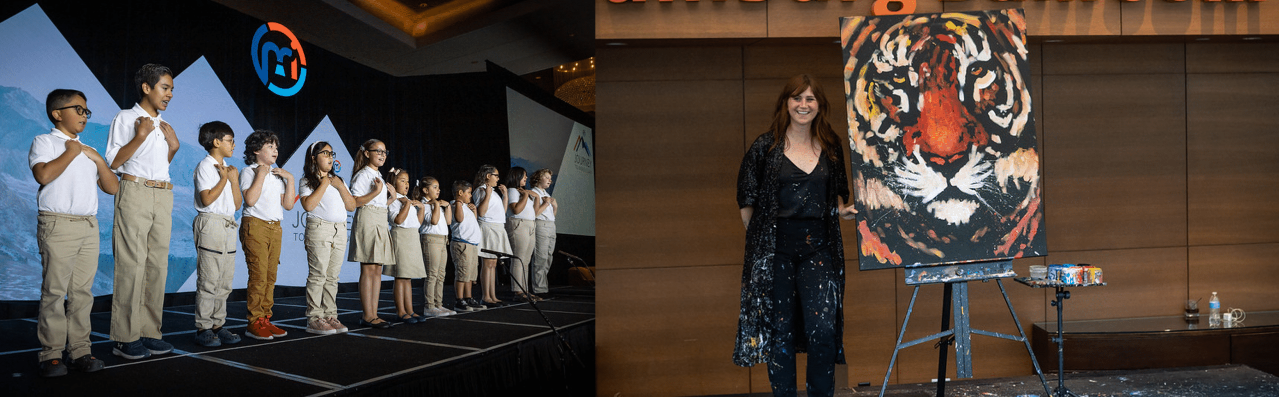 Left: The Midwest Youth Choir performs. Right: Artist Amy Burkman with her finished painting.