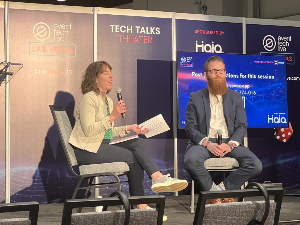 Jake Runnion speaking onstage at Event Tech Live 2023