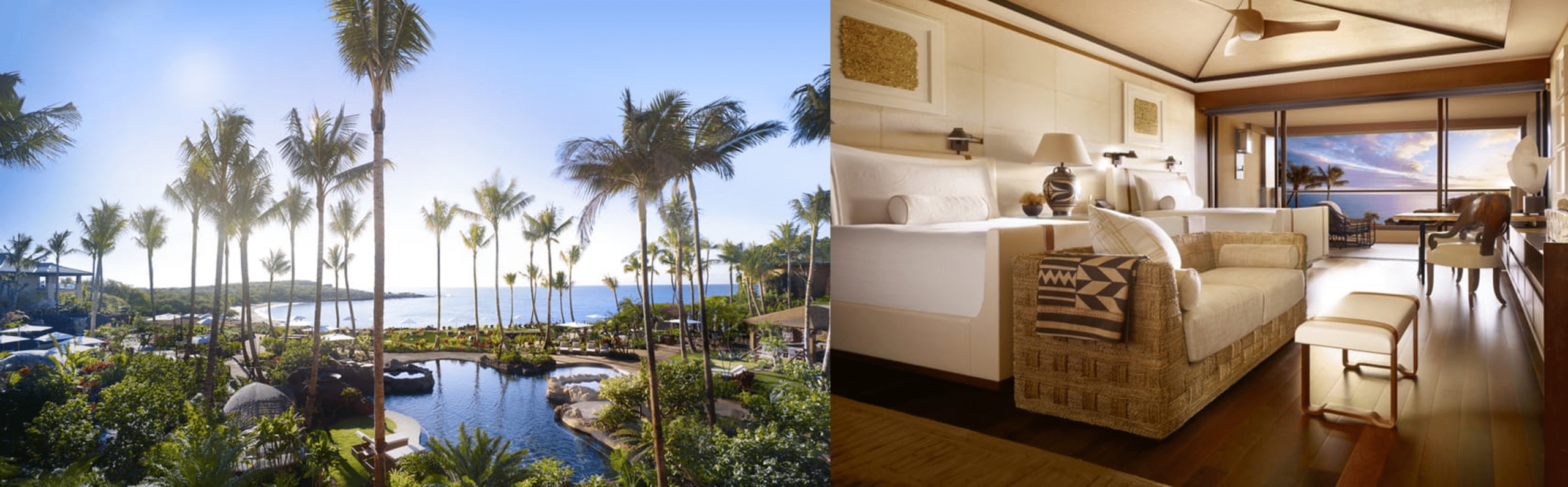 Exterior and interior photos of Four Seasons Resort Lanai