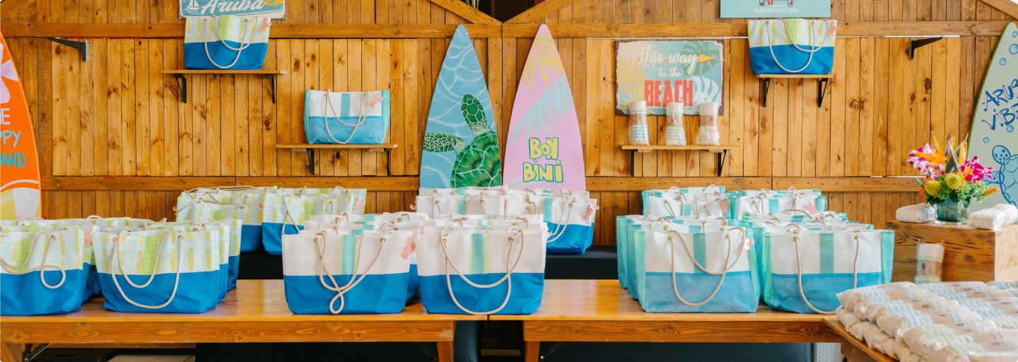 Branded corporate gifts displayed on a table