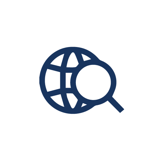 Icon of globe with magnifying glass over it