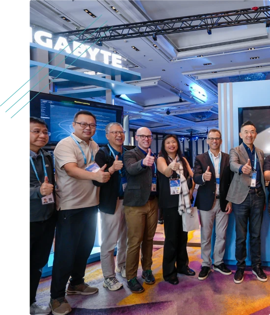 Group of attendees at a trade show exhibit