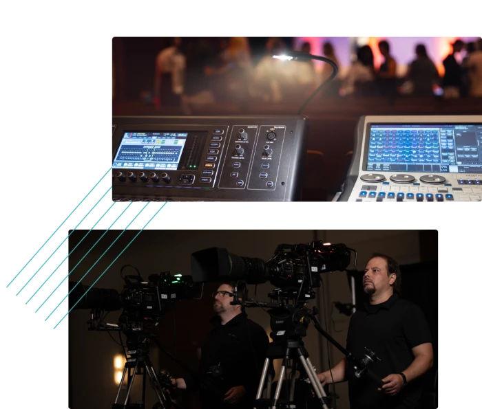 Audio mixing console and camera crew at a live event