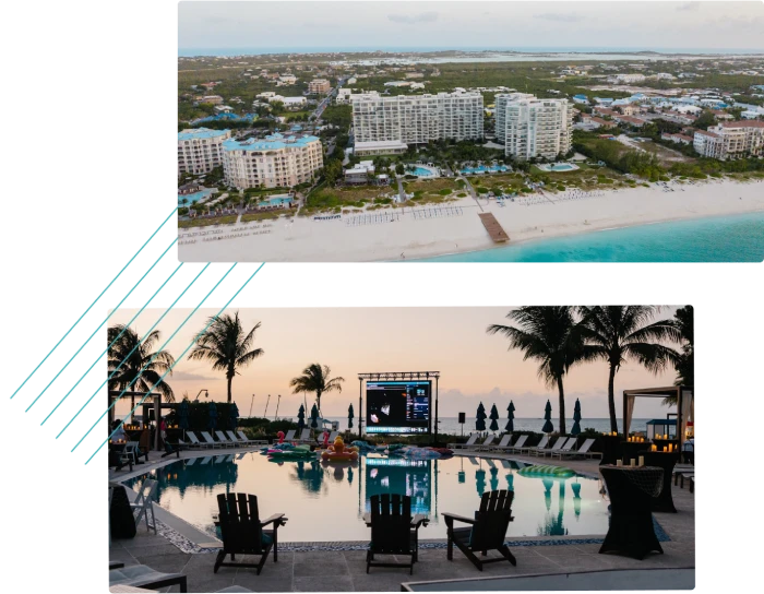 Beachfront resort and poolside event setup