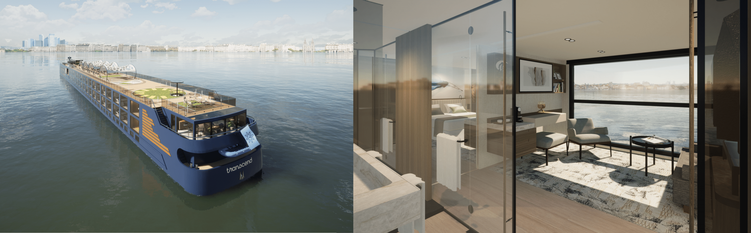 Renderings of the ship exterior and cabin interior