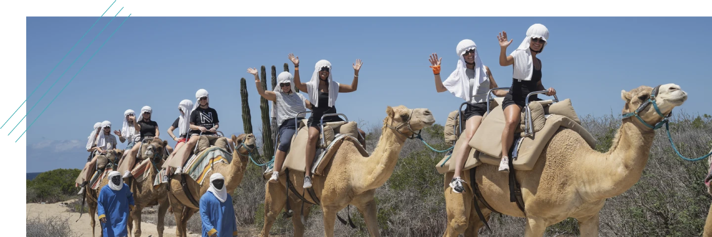 Incentive travel group on a camel ride in the desert